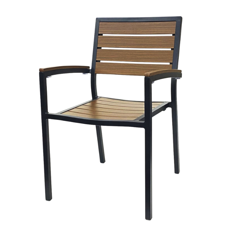 Chestnut Finish Faux Wood Restaurant Patio Table Top and Chair Set In-Outdoor