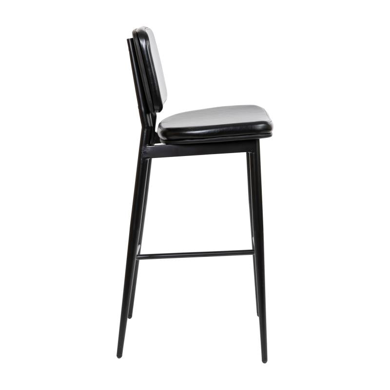 Korza Commercial Grade Mid-Back Barstool Black Leatherette Upholstery Black Iron Frame with Integrated Footrest