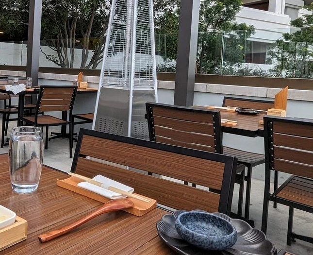 Chestnut Finish Faux Wood Restaurant Patio Table Top and Chair Set In-Outdoor