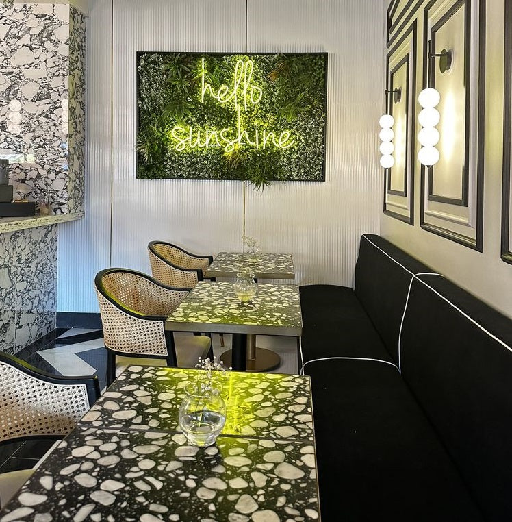 Terrazzo Stone Tile Table With Gold Painted Steel Edge Restaurant Table Tops Fully Custom
