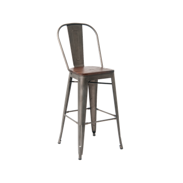 Antique Custom Taupe Finish Dark Wood Seat High Back Tolix Bar Stool