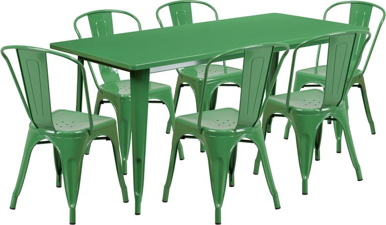 Green Tolix Outdoor Patio Chairs and Table 31.5 x 63 - 7 Piece Set