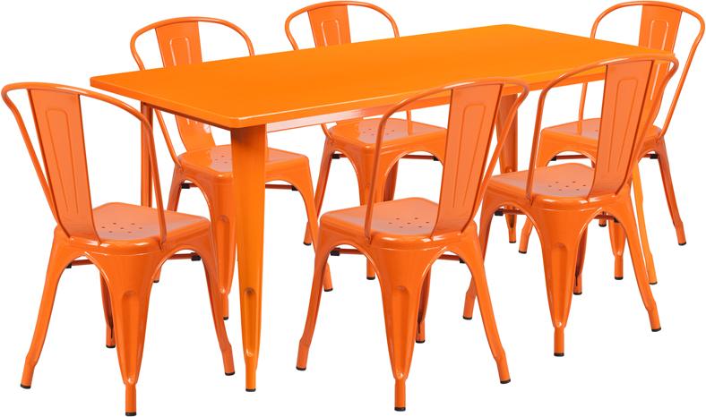 Orange Tolix Outdoor Patio Chairs and Table 31.5 x 63 - 7 Piece Set