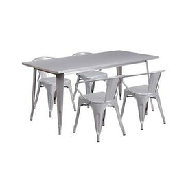 Silver Tolix Outdoor Patio Arm Chairs and Table 31.5 x 63 - 5 Piece Set
