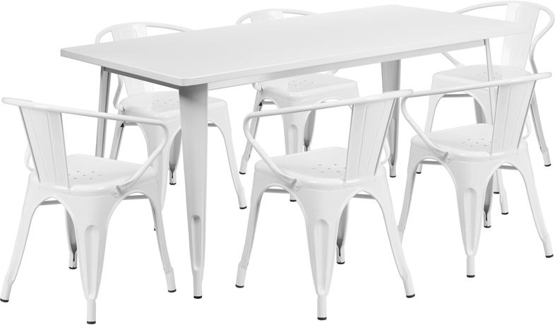 White Tolix Outdoor Patio Arm Chairs and Table 31.5 x 63 - 7 Piece Set