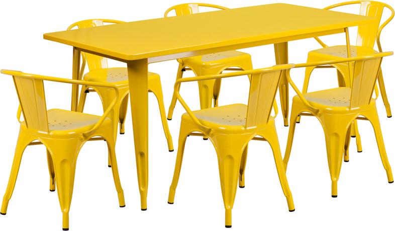 Yellow Outdoor Tolix Patio Arm Chairs and Table 31.5 x 63 - 7 Piece Set