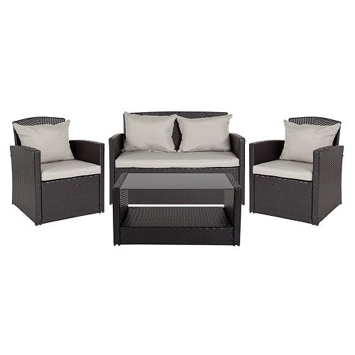 Apopka 4 Piece Black Patio Set with Gray Back Pillows Seat Cushions