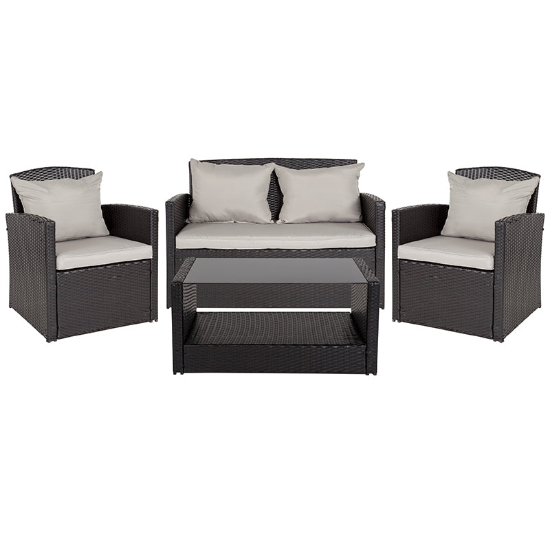 Apopka 4 Piece Black Patio Set with Gray Back Pillows Seat Cushions