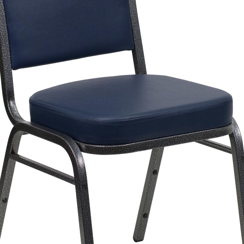 Club Series Crown Back Stacking Chair with Navy Blue Vinyl Fabric Silver Vein Frame