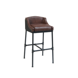 Industrial Pipe Bar Stool Upholstered Brown Vinyl With Brass Studs