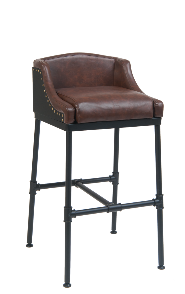 Industrial Pipe Bar Stool Upholstered Brown Vinyl With Brass Studs