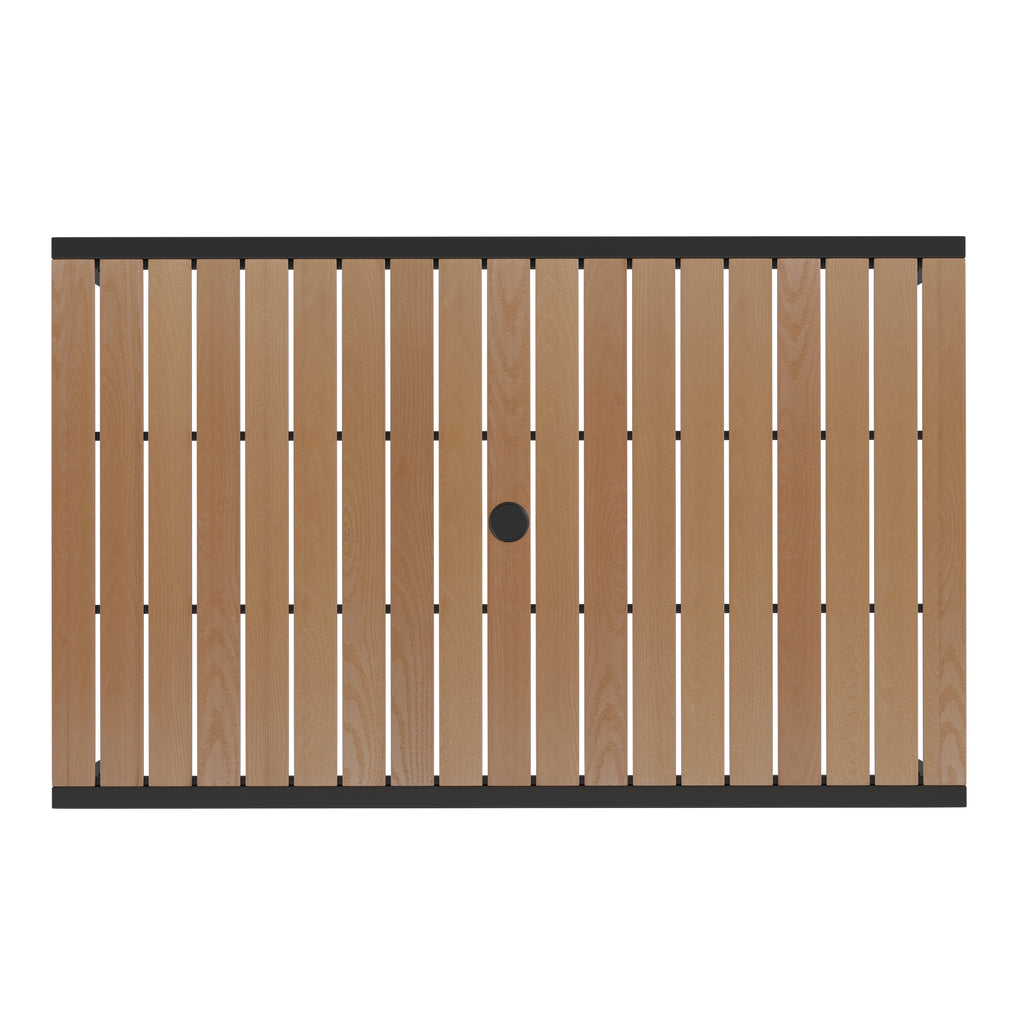 Light Brown Slat Synteak Poly Outdoor Steel Frame Restaurant Table with Umbrella Hole