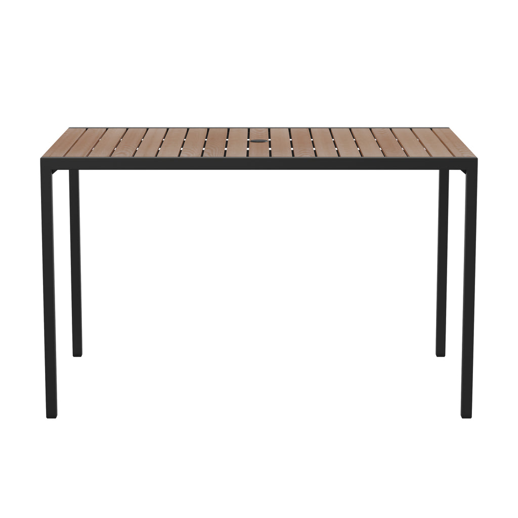 Light Brown Slat Synteak Poly Outdoor Steel Frame Restaurant Table with Umbrella Hole