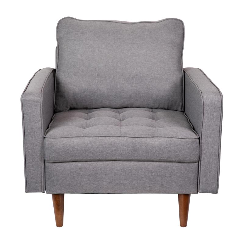 Luigi Mid-Century Modern Armchair with Tufted Light Gray Faux Linen Upholstery Wood Leg