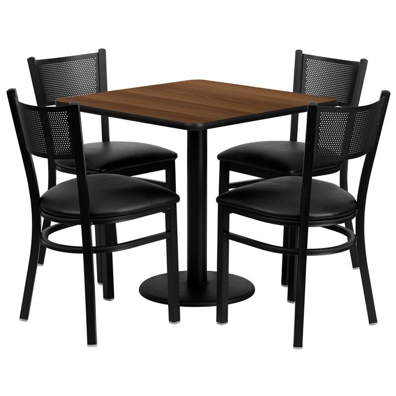 Square Walnut Laminate Table 30 Set with 4 Mesh Back Black Metal Chairs