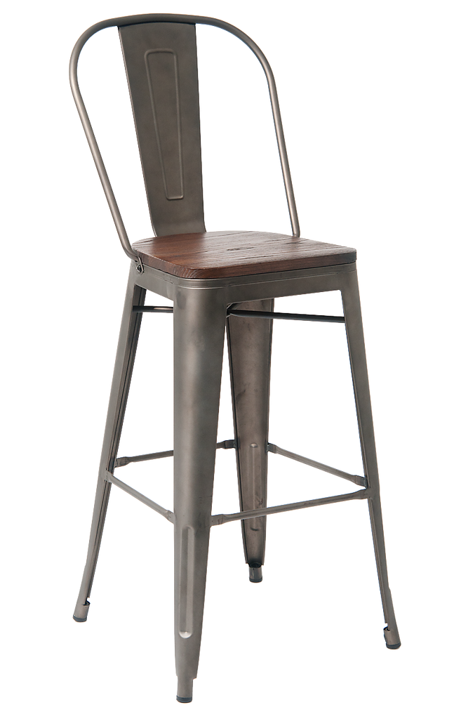 Antique Custom Taupe Finish Dark Wood Seat High Back Tolix Bar Stool