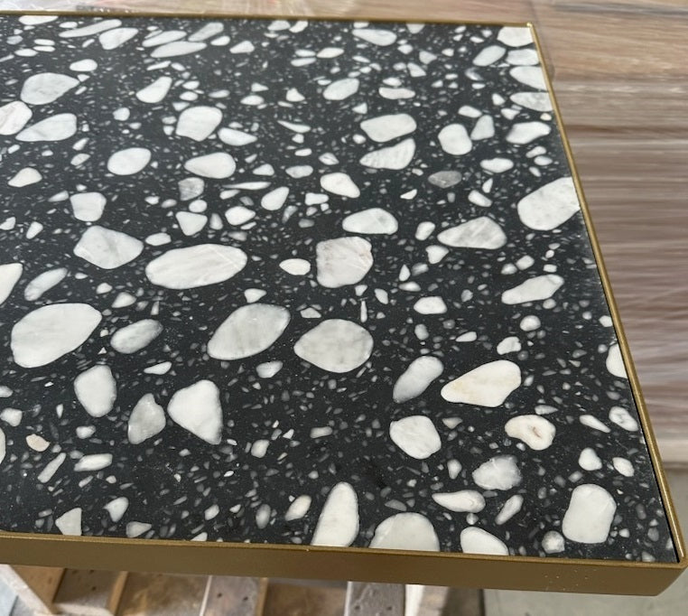 Terrazzo Stone Tile Table With Gold Painted Steel Edge Restaurant Table Tops Fully Custom