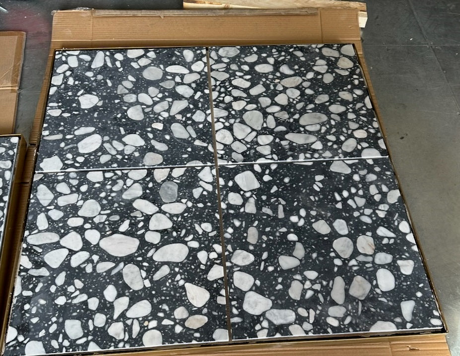 Terrazzo Stone Tile Table With Gold Painted Steel Edge Restaurant Table Tops Fully Custom