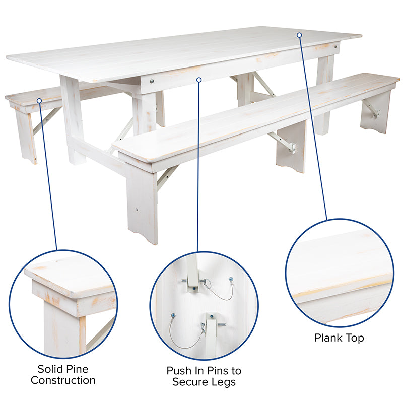 Worn White Heirloom Farm Table With Benches 2 Sizes