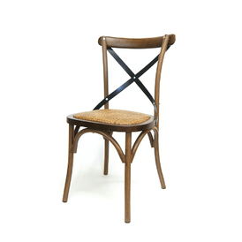 Industrial Metal Cross Back Chair Straw Seat Walnut Finish