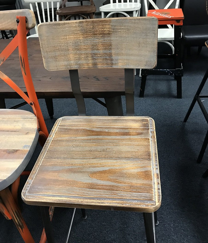 Bulldozer Industrial Steel Chair Antique Finish Wood Seat Back