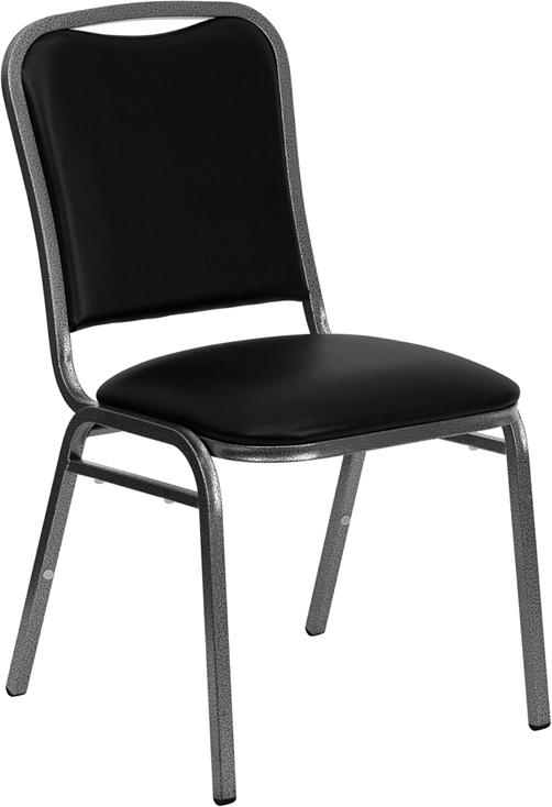 TBD 1006 Club Series Stacking Banquet Chair with Black Vinyl and 1.5'' Thick Seat - Silver Vein Frame