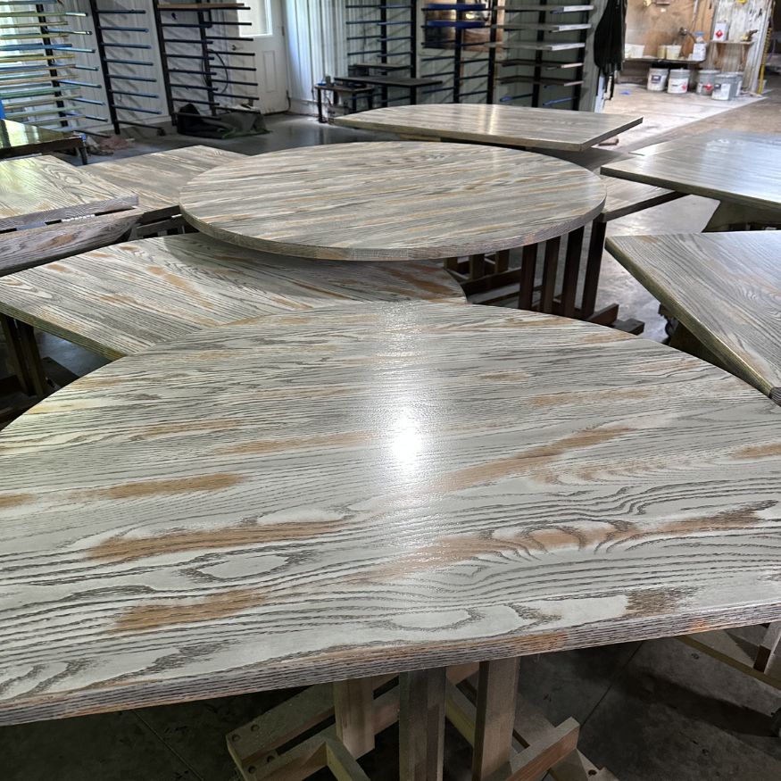 Antique White With Brown Rustic Finish Solid Oak Restaurant Table Tops Fully Custom