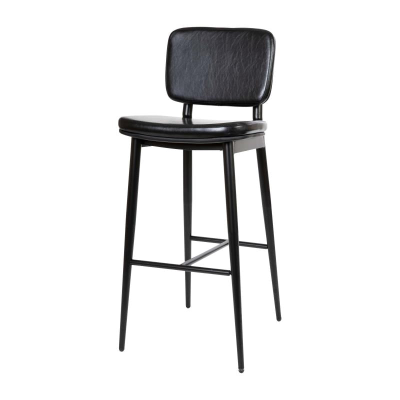 Korza Commercial Grade Mid-Back Barstool Black Leatherette Upholstery Black Iron Frame with Integrated Footrest