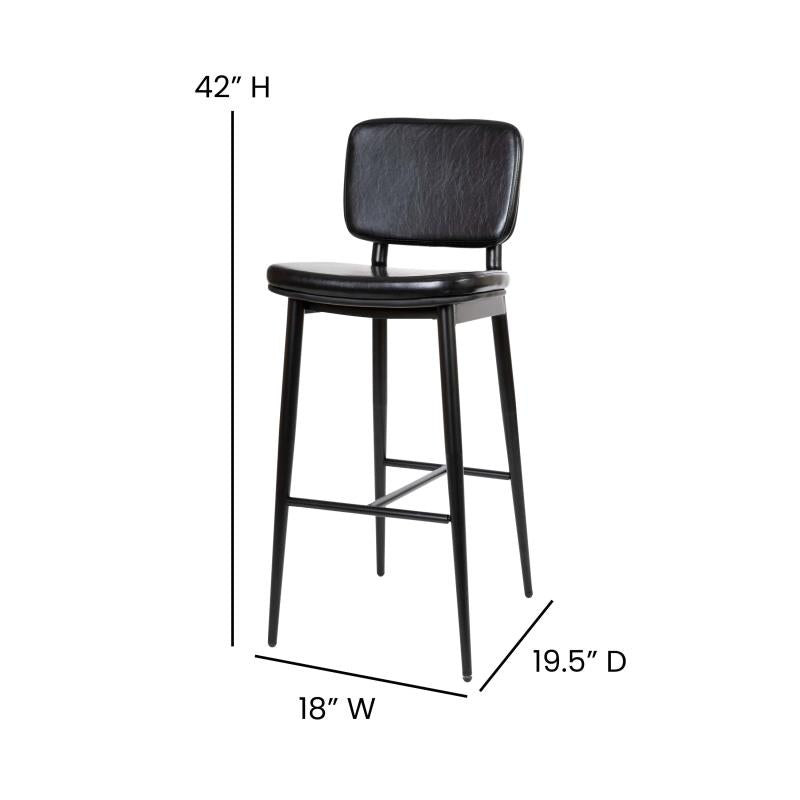 Korza Commercial Grade Mid-Back Barstool Black Leatherette Upholstery Black Iron Frame with Integrated Footrest