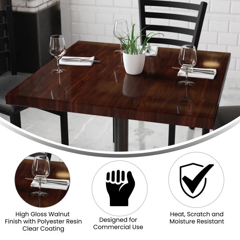 Luxe Walnut Extra Thick Poly Resin Restaurant Table Tops Indoor Use