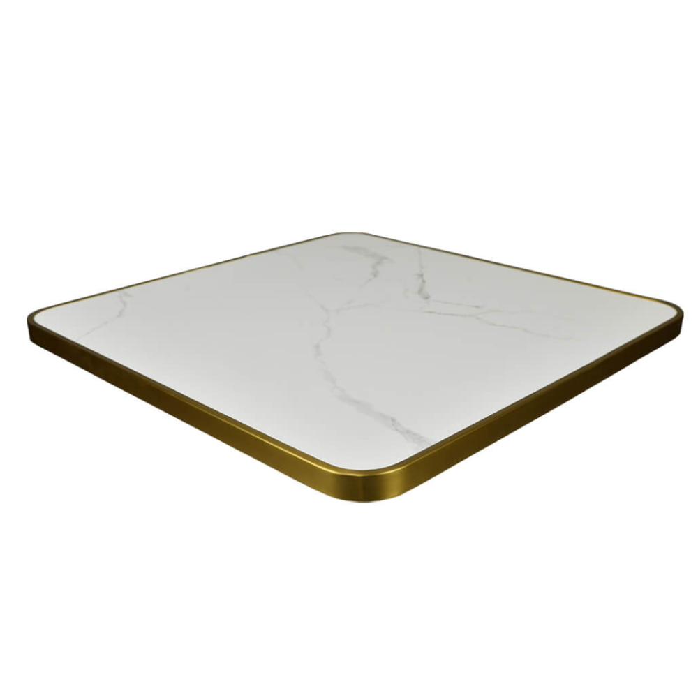 Luxury White Marble Sintered Stone Restaurant Table with Light Grey Veining and Gold Edged Steel