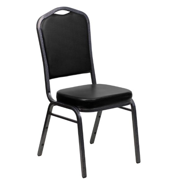Club Series Crown Back Stacking Chair with Black Vinyl Fabric Silver Vein Frame