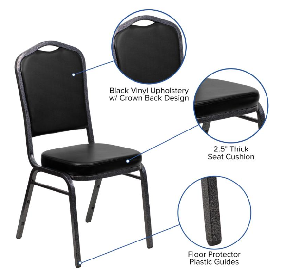 Club Series Crown Back Stacking Chair with Black Vinyl Fabric Silver Vein Frame