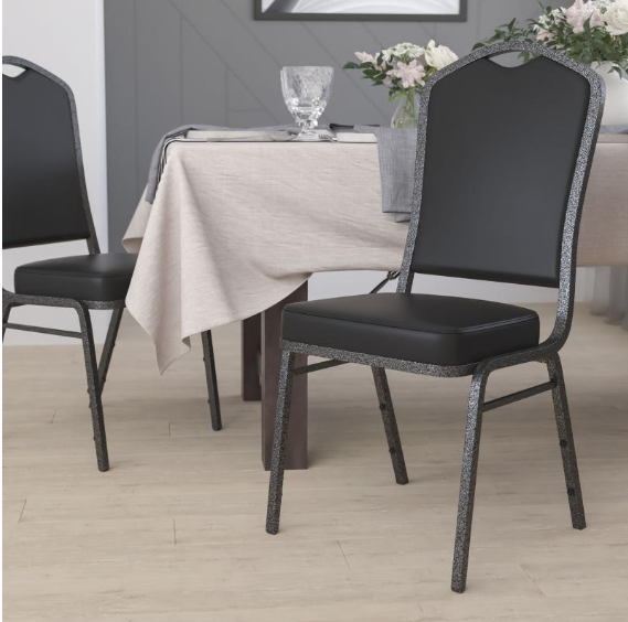 Club Series Crown Back Stacking Chair with Black Vinyl Fabric Silver Vein Frame