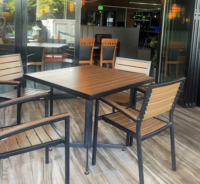 Chestnut Finish Faux Wood Restaurant Patio Table Top and Chair Set In-Outdoor