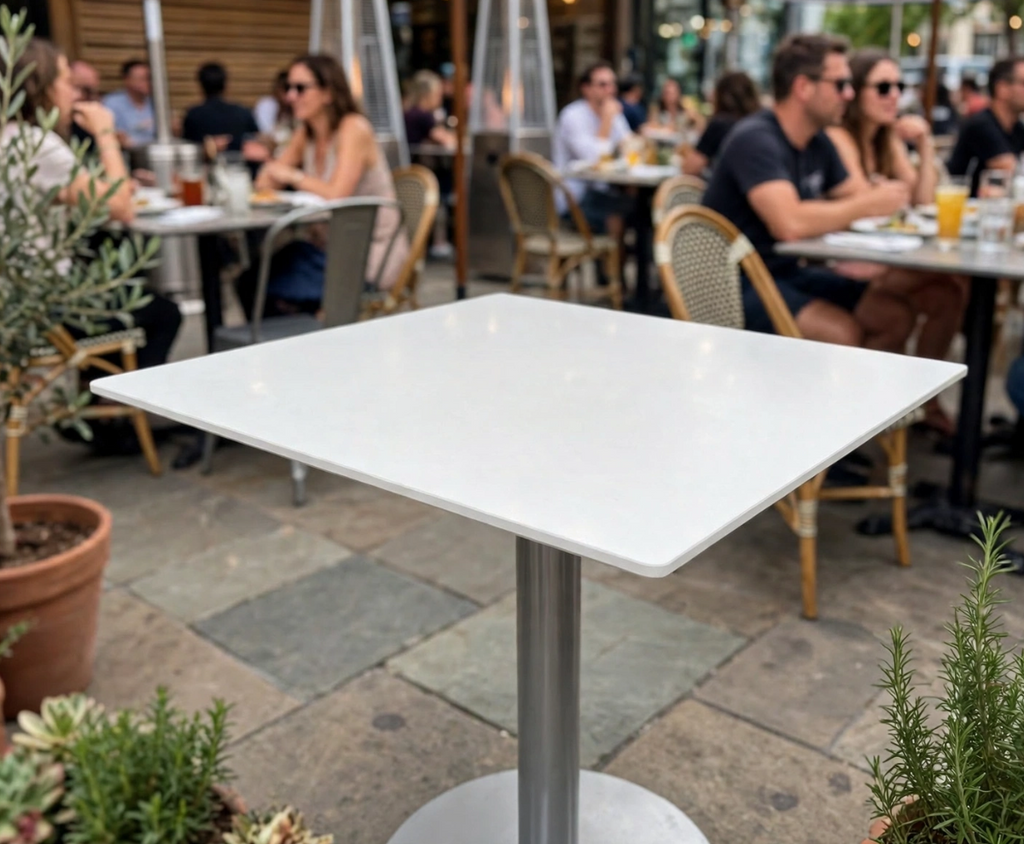White Corian Restaurant Patio Table 3/4 Thickness Indoor-Outdoor Use