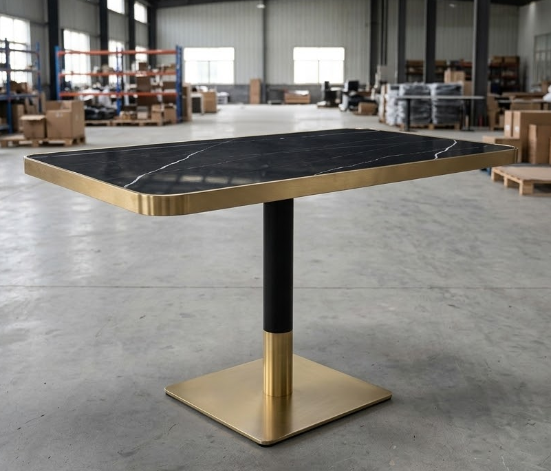 Luxury Black Marble Sintered Stone Restaurant Table Gold Edge Trim
