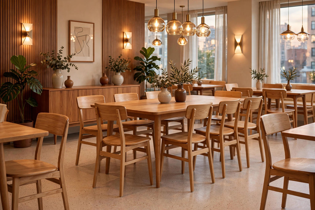 Curved Back Ashwood Restaurant Chair in a mid-century contemporary restaurant