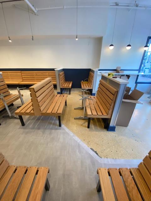 ComfortZone Wood Restaurant Wall Bench Steel Frame Benches for Commercial Use Custom Benching