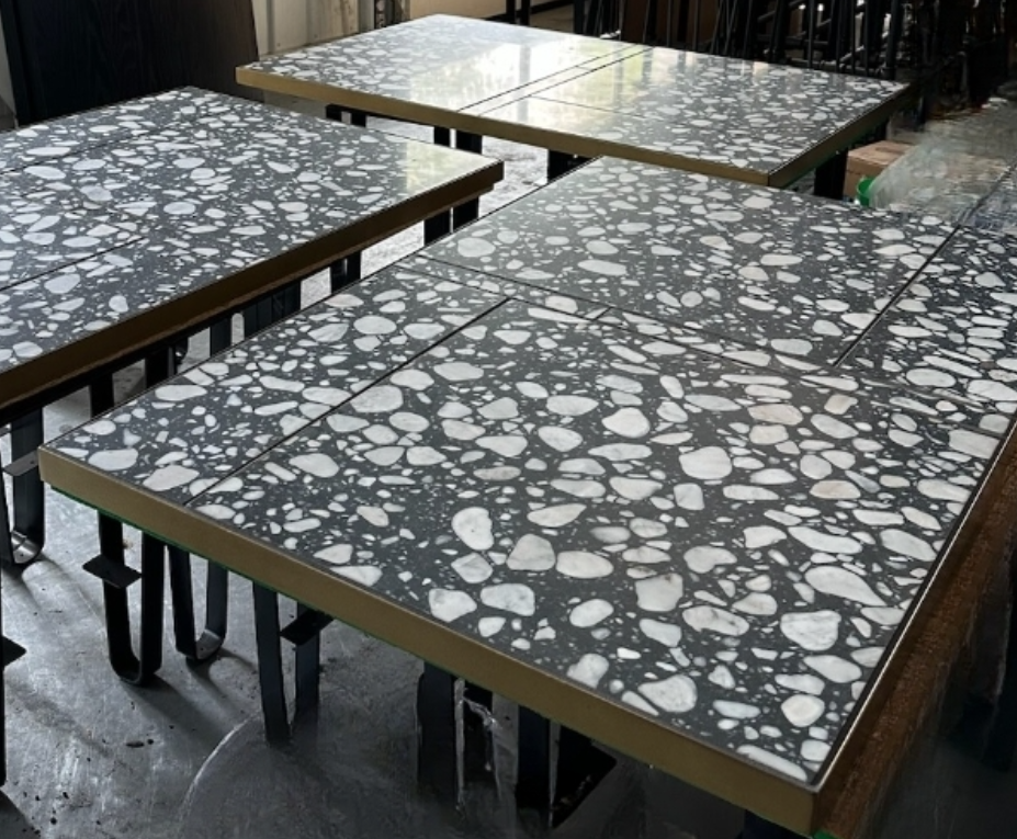 Terrazzo Stone Tile Table With Gold Painted Steel Edge Restaurant Table Tops Fully Custom