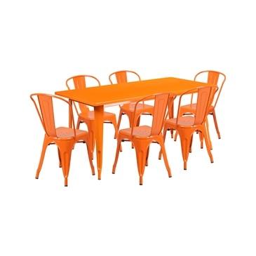 Orange Tolix Outdoor Patio Chairs and Table 31.5 x 63 - 7 Piece Set