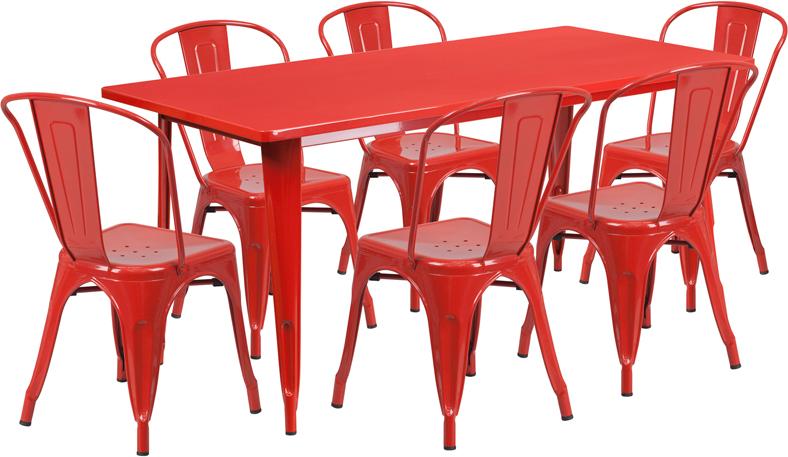 Red Tolix Outdoor Patio Chairs and Table 31.5 x 63 - 7 Piece Set