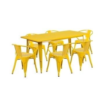 Yellow Outdoor Tolix Patio Arm Chairs and Table 31.5 x 63 - 7 Piece Set