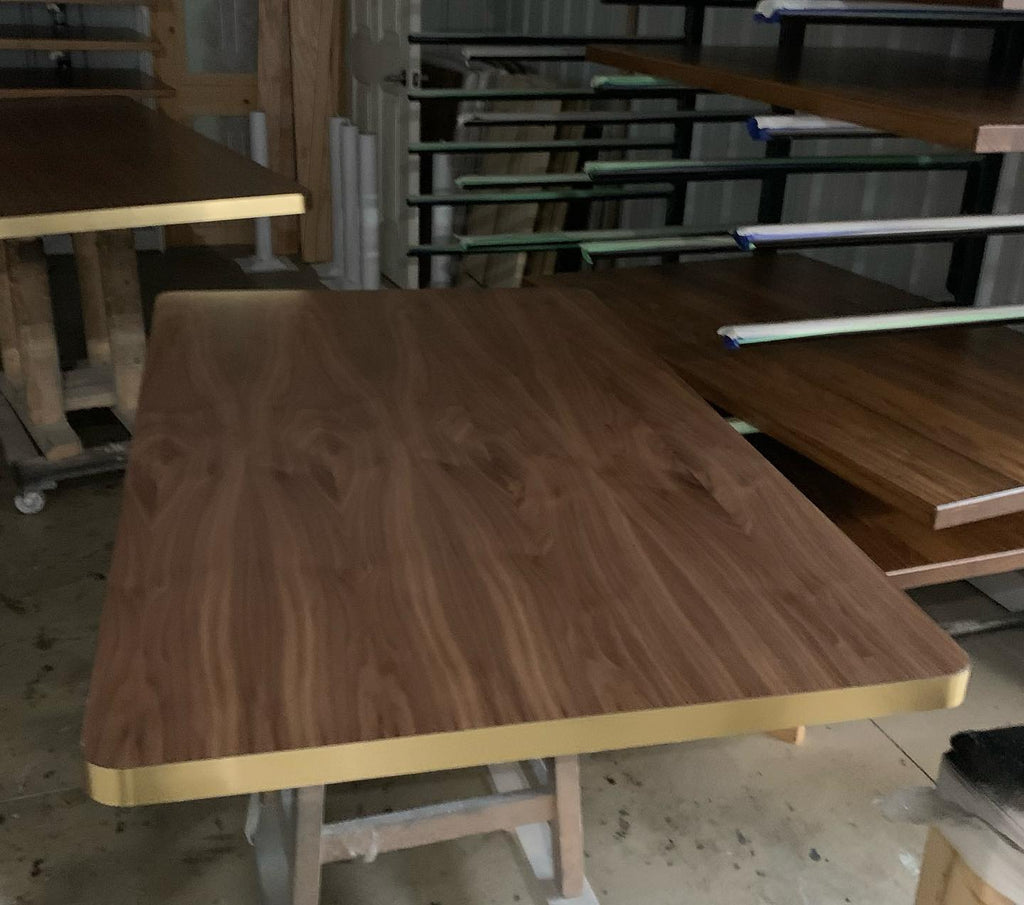 Handcrafted Brushed Brass Edge Solid Walnut Restaurant Table Tops
