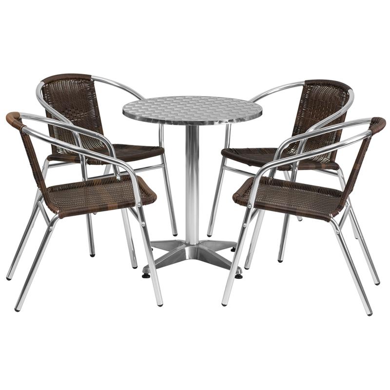 Brown Walnut Rattan Chairs With Stainless Steel Top Set In-Outdoor