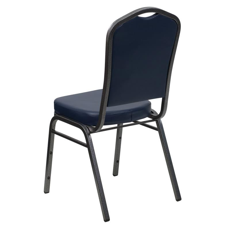 Club Series Crown Back Stacking Chair with Navy Blue Vinyl Fabric Silver Vein Frame