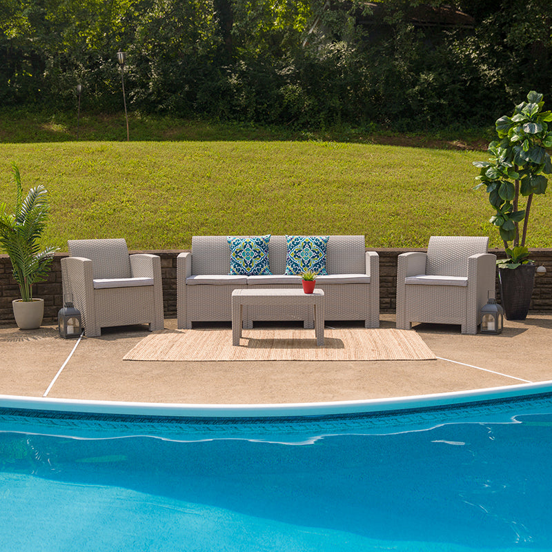 Miami Light Gray 4 Piece Outdoor Faux Rattan Chair Sofa and Table Set