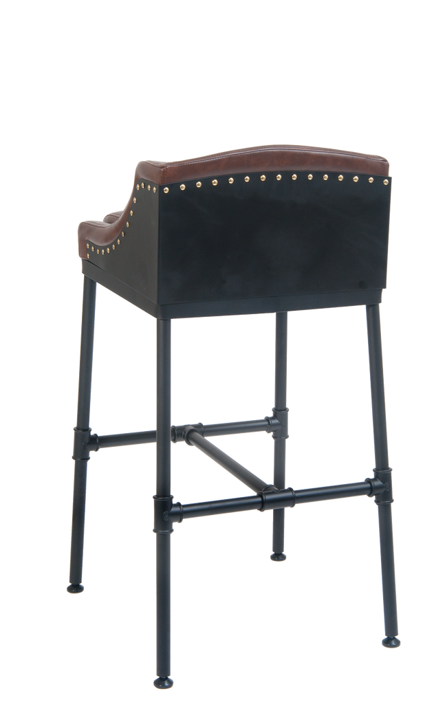 Industrial Pipe Bar Stool Upholstered Brown Vinyl With Brass Studs