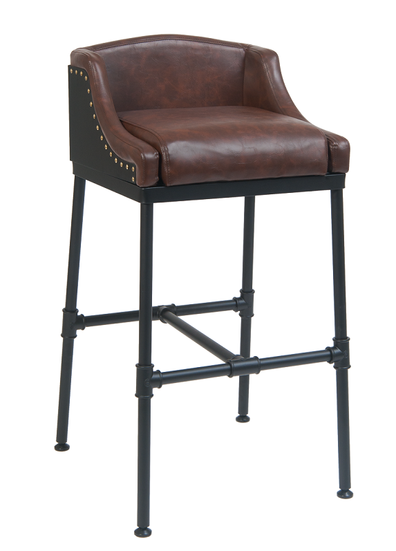 Industrial Pipe Bar Stool Upholstered Brown Vinyl With Brass Studs