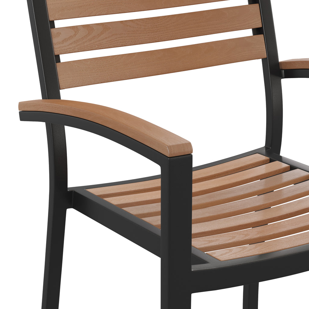 Light Brown Slat Synteak Poly Outdoor Steel Frame Restaurant Chair With Arms